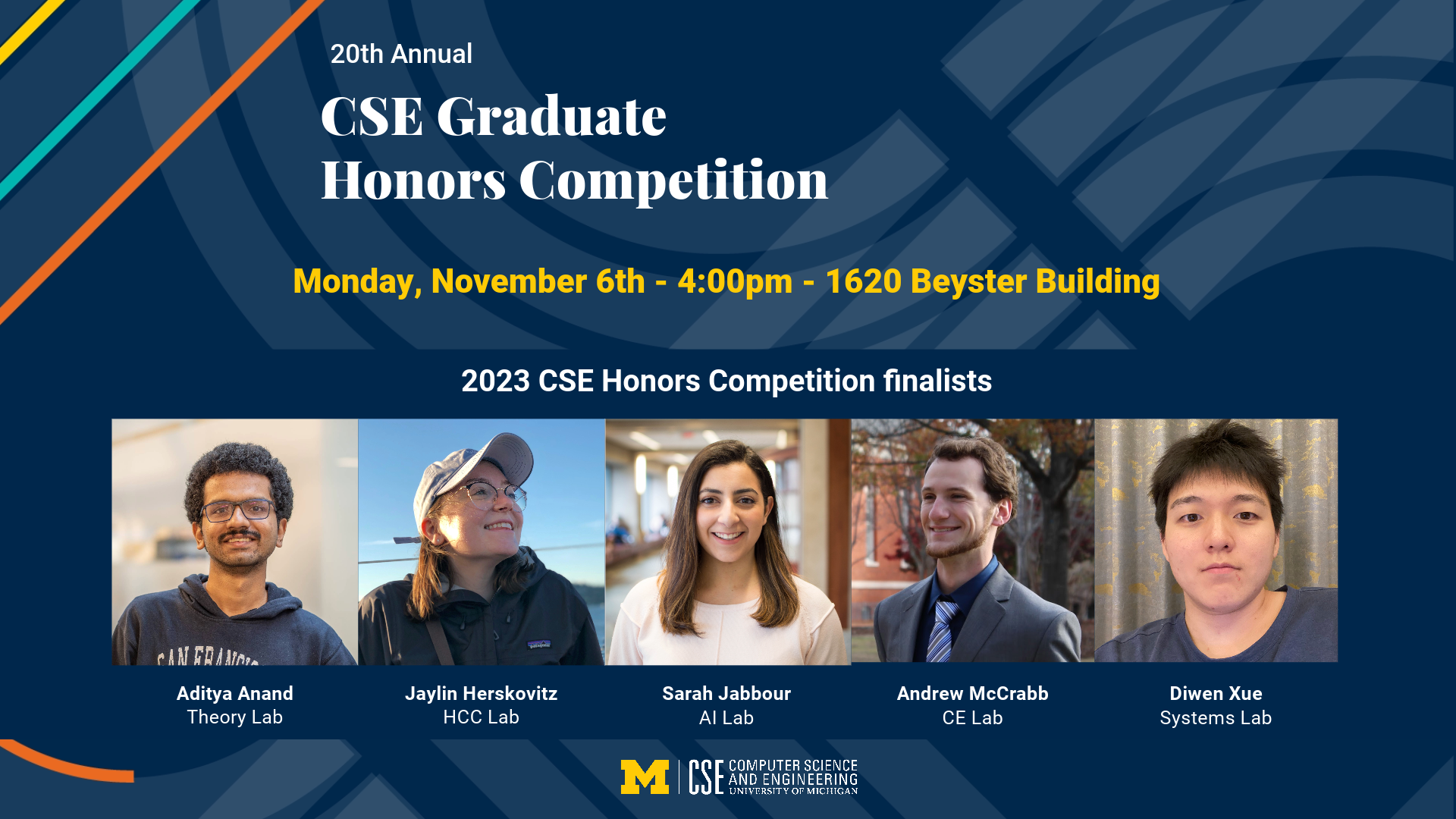 2023 Grad Honors Competition flyer with pictures of the finalists and event details